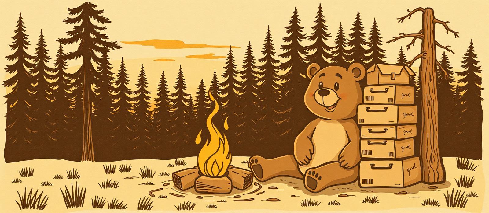 Bear mascot by a campfire with a stack of membership boxes